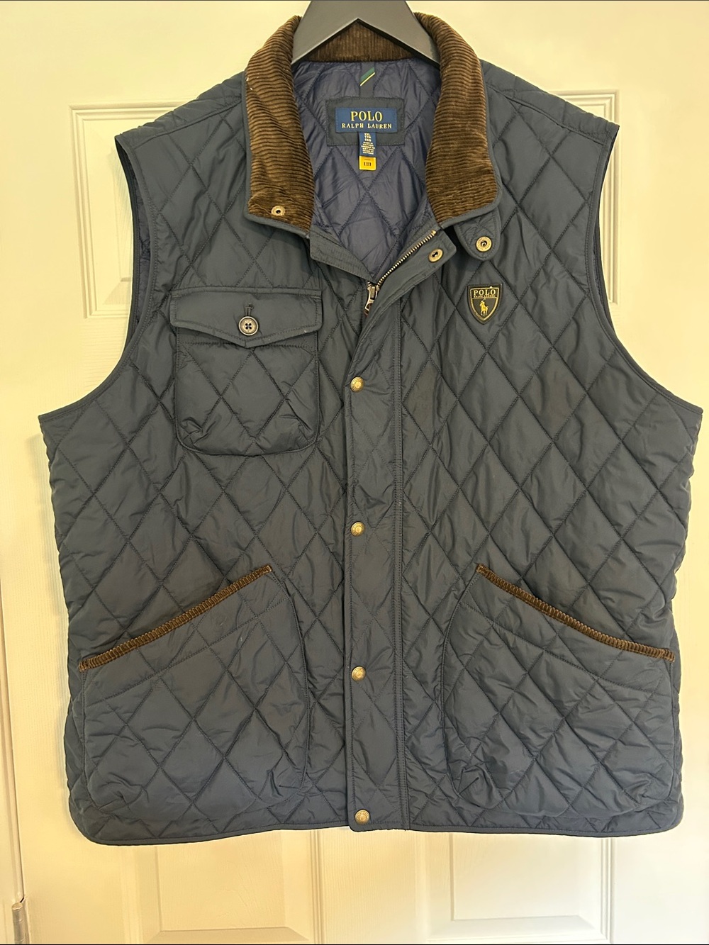 Polo by Ralph Lauren Navy Quilted Vest with Brown Corduroy Trim XXL